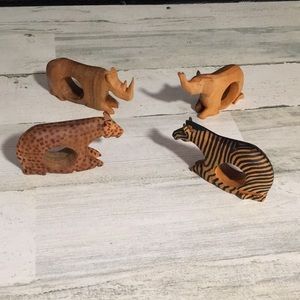 Set of four wooden animal napkin holders zebra, elephant, rhino, cheetah